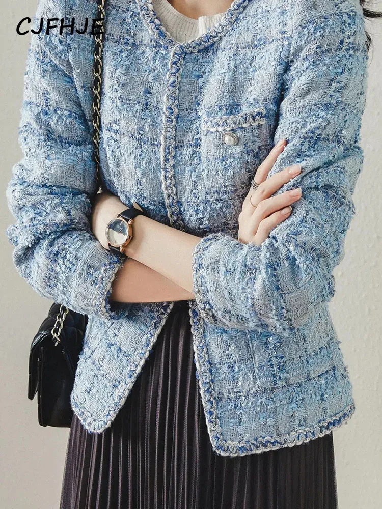 CJFHJE Long Sleeve Fashion Tweed Jackets Women Spring Autumn Classic Coats Female Plaid Blue Loose O-Neck Elegant Lady Jackets 250804