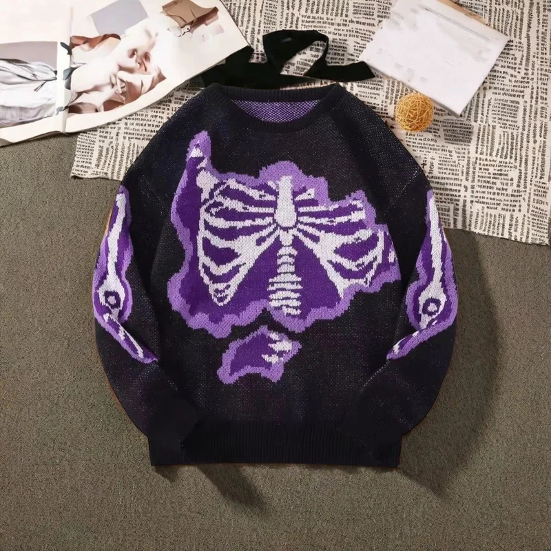 Mens Sweater Retro Color Collision Purple Skull Pattern Casual Fashion Sweater Knit Male Pullover for Spring Autumn 250801
