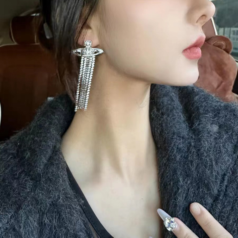 Free Shipping 2025 New Designer Jewelry Diamond-encrusted Saturn Sparkling Diamond Chain Tassel Earrings Elegant Versatile Face-slimming Earrings Ea