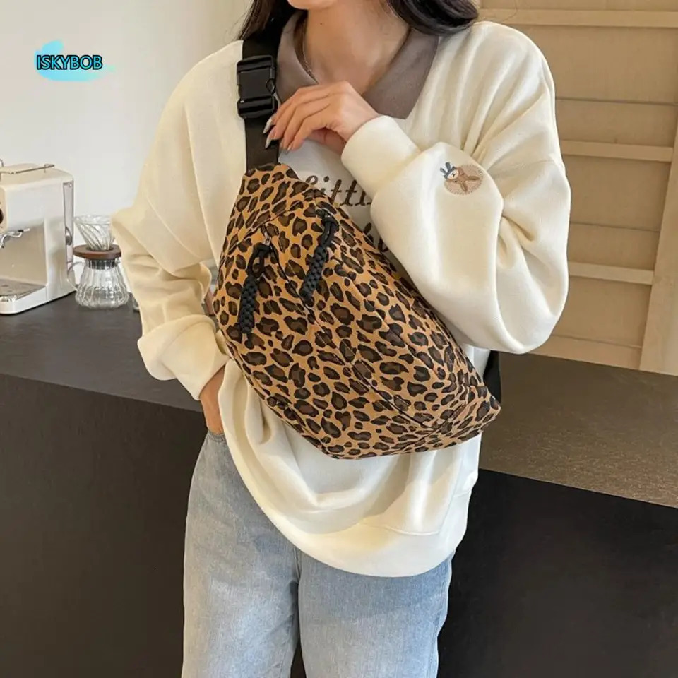 Large Capacity Leopard Print Chest Bag Adjustable Strap Multi Functional Canvas Waist Bag Zipper Fanny Pack Sports Shoulder Bag 250801