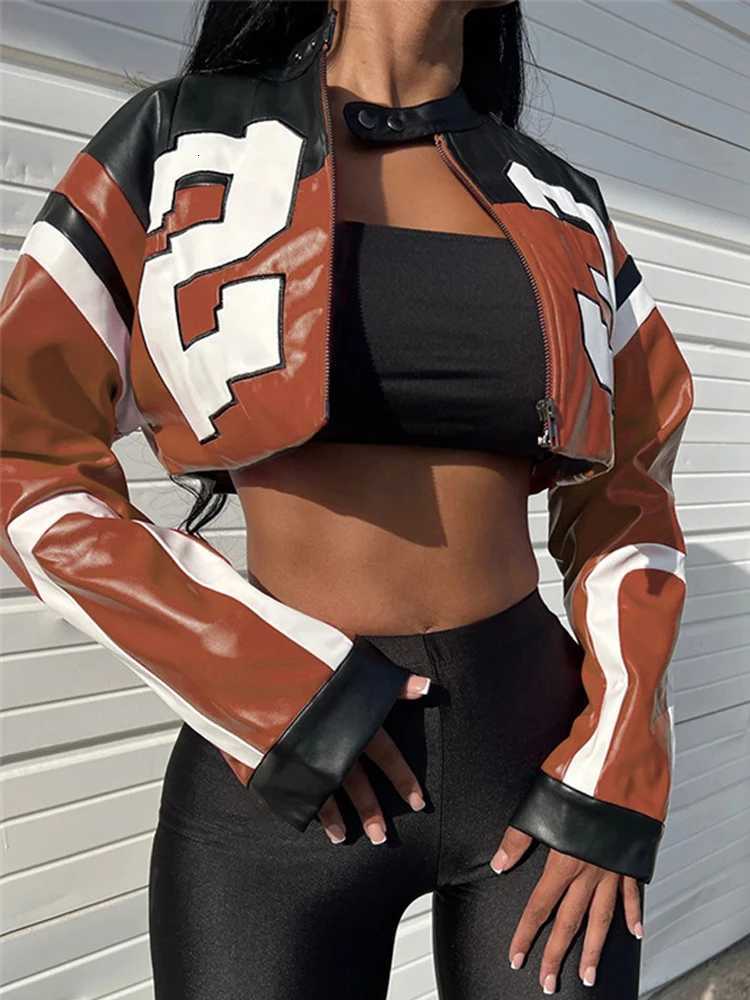 2025 Autumn Fashion Womens Sexy Cropped Jackets Faux Leather Long Sleeve Letter Embroidery Zip-Up Racing Motorcycle Coats Z250804