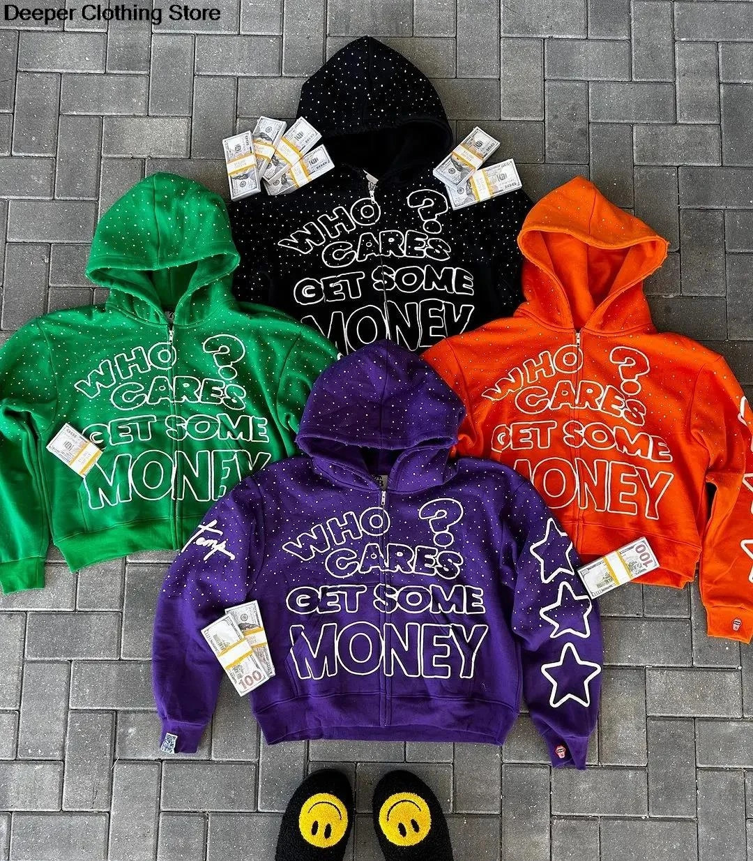 American Trend Who Cares Get Some Money Printed Zipper Sweater Mens and Womens Y2K Harajuku Hip Hop Goth Casual Coat 250804