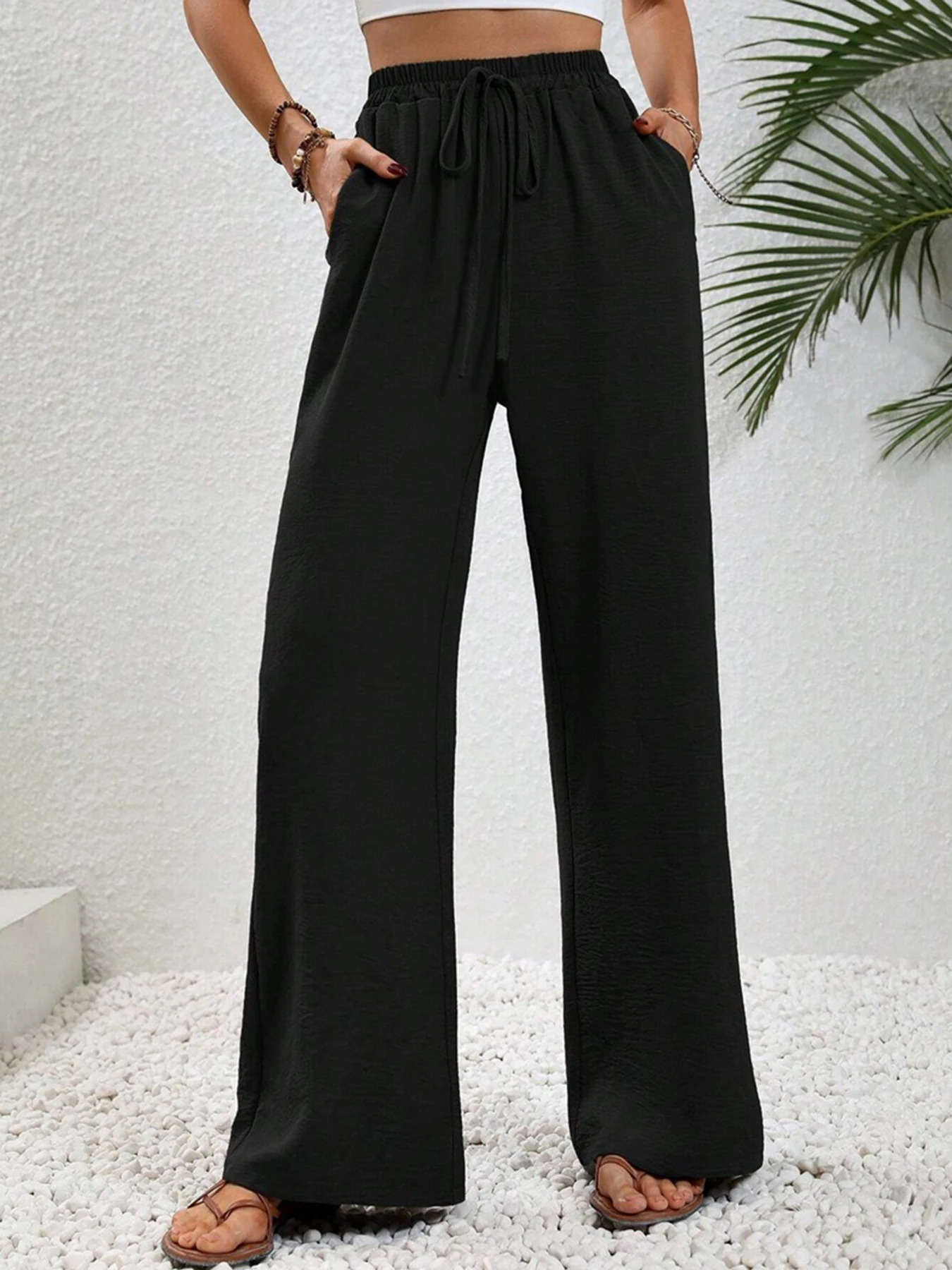 Womens SpringSummerAutumn Solid Color Ice Silk Wide Leg Pants Loose Casual 250724