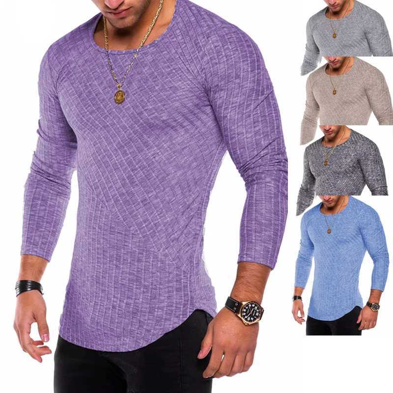 Mens Knitted Thin Base Sweater with Curved Hem Design Round Neck Tight Fit Elastic Long Sleeved T-shirt Thin Sweater XJ250805