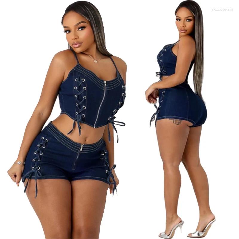 Women's Tracksuits Denim Short 2 Pieces Set For Women Streetwear Sexy Spaghetti Strap Lace-up Zip Top Shorts Sets Matching Female Summer