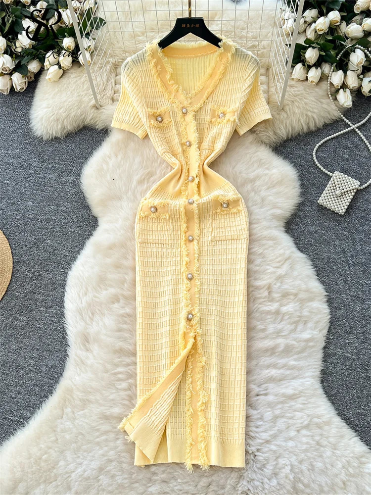 SINGREINY Workwear Elastic Knitted Dress Women Short Sleeves Single Breasted 2025 Summer Korean Vintage Split LongDress 250804