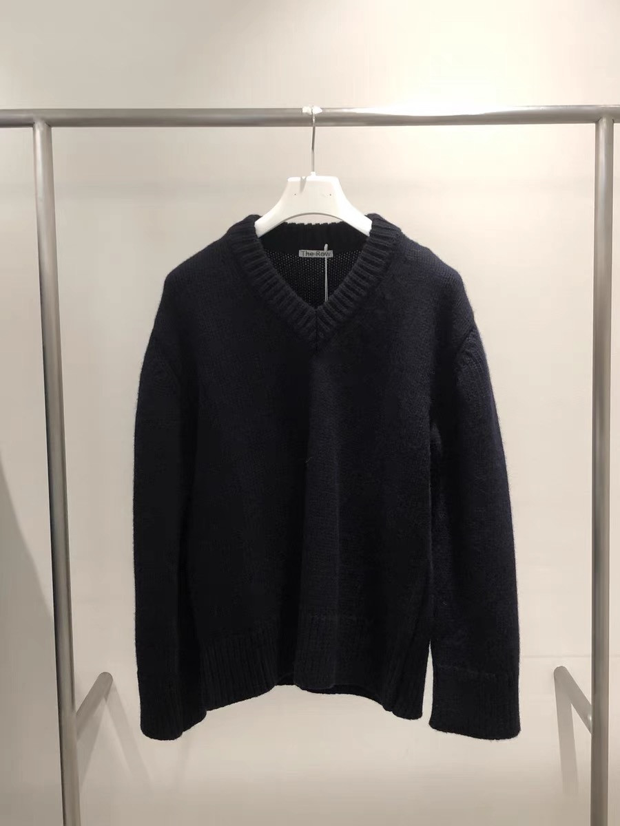 25-Th * row Pullover V-neck Sweater Women's Slim Outerwear 2023 Early Spring Simple Wool Soft Glutinous Loose Deep Blue Top