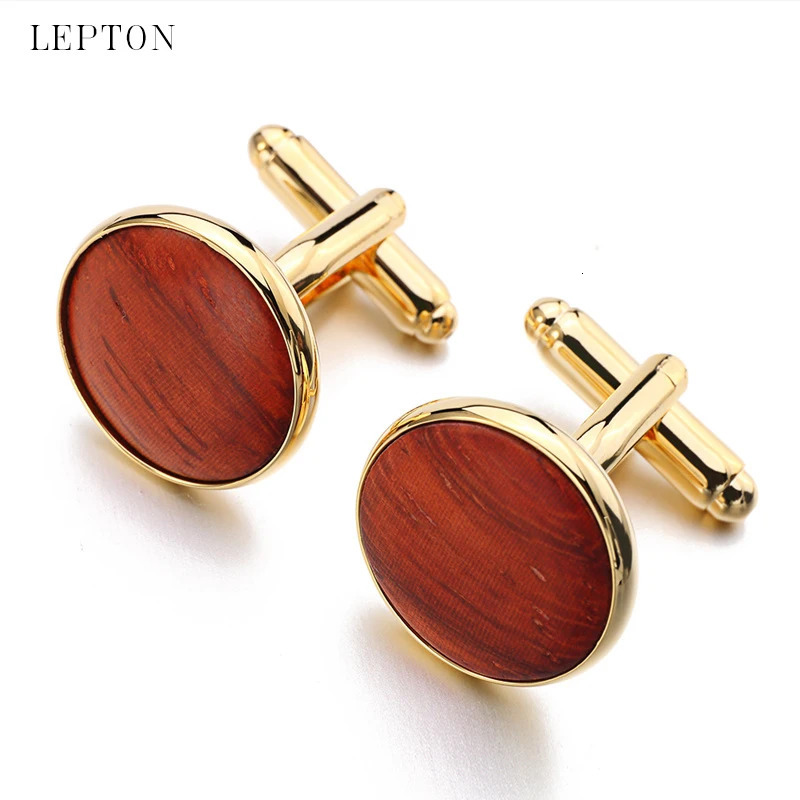 Lepton High Quality Round Wood Cufflinks tuxedo studs Sets Gold Color Plated Mens cuff links Formal Business wedding Jewelry 250804