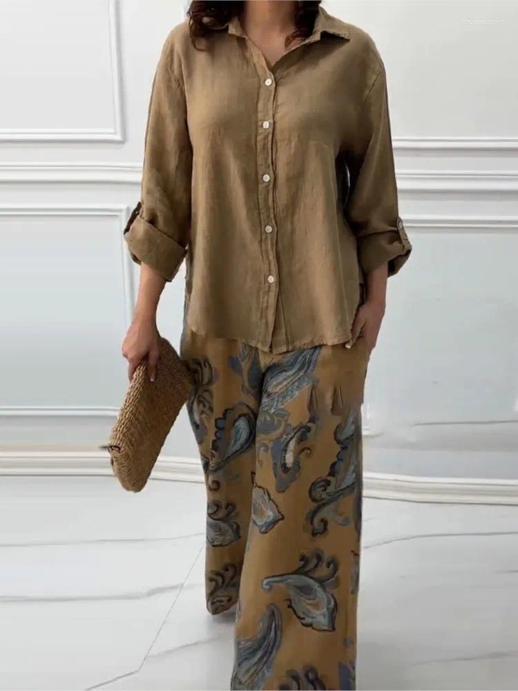 Women's Two Piece Pants Women Cotton Sets Spring Summer Casual V-neck Long Sleeve Pocket Shirts 2 Set Fashion Loose Wide Leg Suit