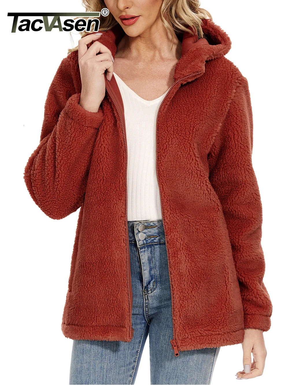 TACVASEN Causal Hooded Fleece Coat Womens Casual Jacket Soft Heavy Fuzzy Sherpa Hoodies Ladies Outwear Warm Fluffy Overcoat Tops 250801
