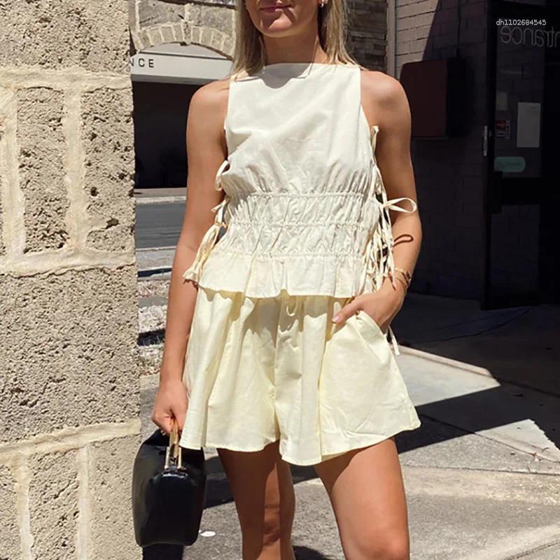 Women's Tracksuits Stylish Solid Color Loose Vacation Outfits All Match Commuting Sets Summer Sleeveless Lace Up Vest & Pocket Shorts