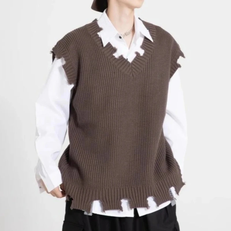 Korean Clothes Sweater Man Solid Color Loose Fit Knit Vests for Men Vintage Fashion Autumnr and Winter Open Waistcoat 250724