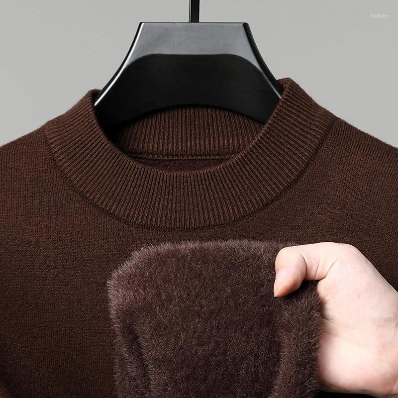 Men's Sweaters Autumn Winter Knitting Sweater Half High Collar Thickened Fleece Casual Pullovers Slim Fit Plush Warm Base Shirt