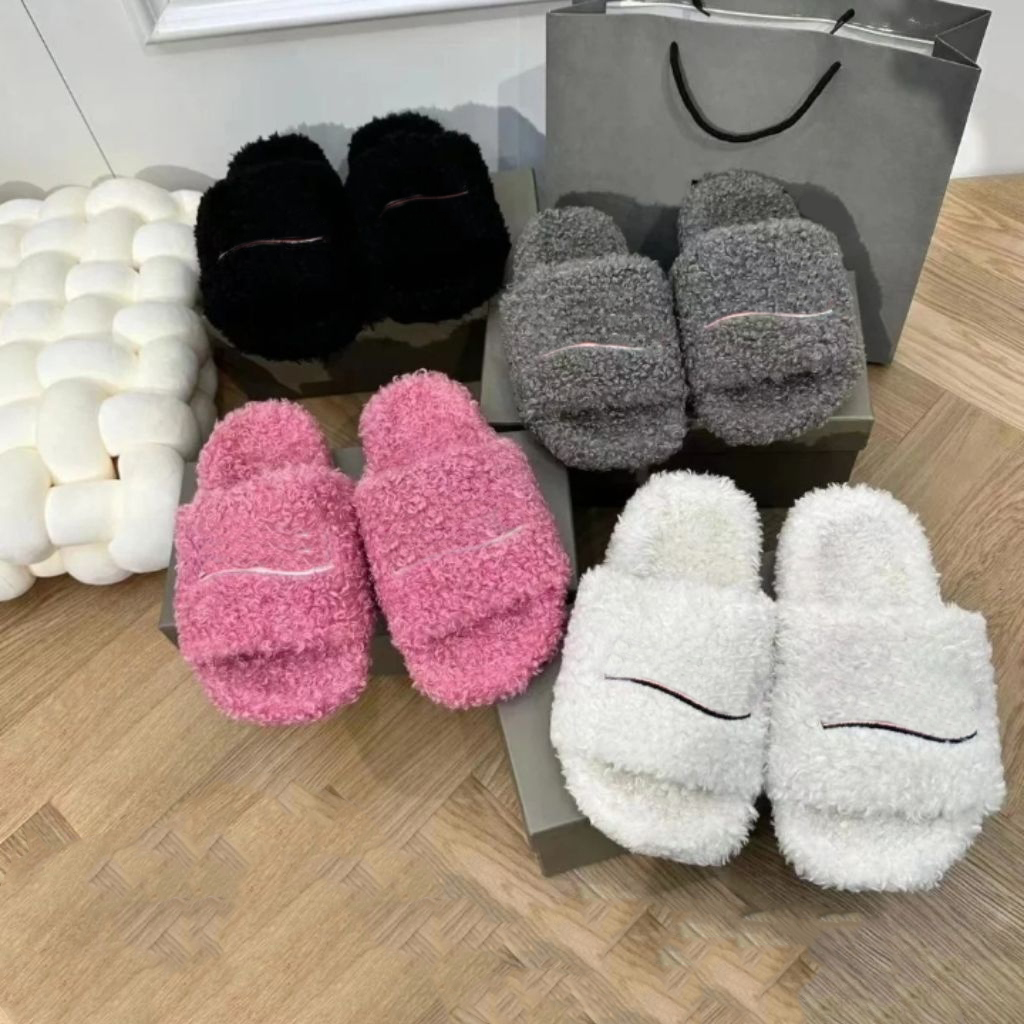 Fall winter fur slippers mens designer shoes women furry slides sandals australia fluffy shearling sheep fur slides wool flats fuzzy warm mule winte