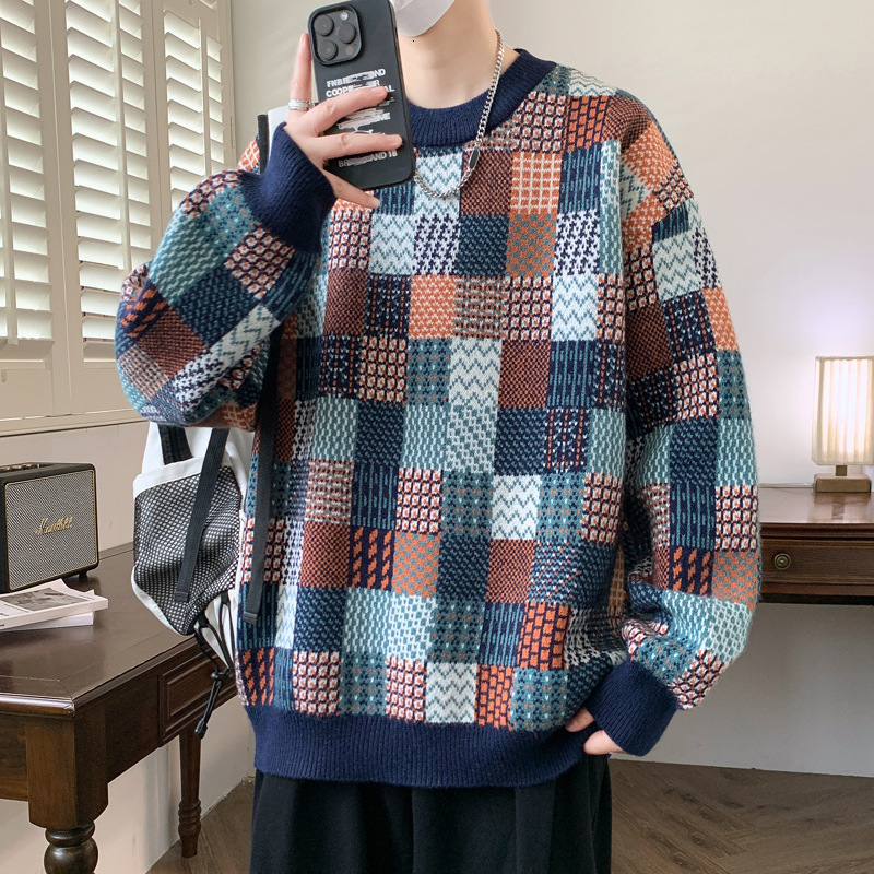 Style Loose Color-Block Plaid Jacquard Sweater for Men Autumn Winter New Youth Trendy Knitted Sweater 240808