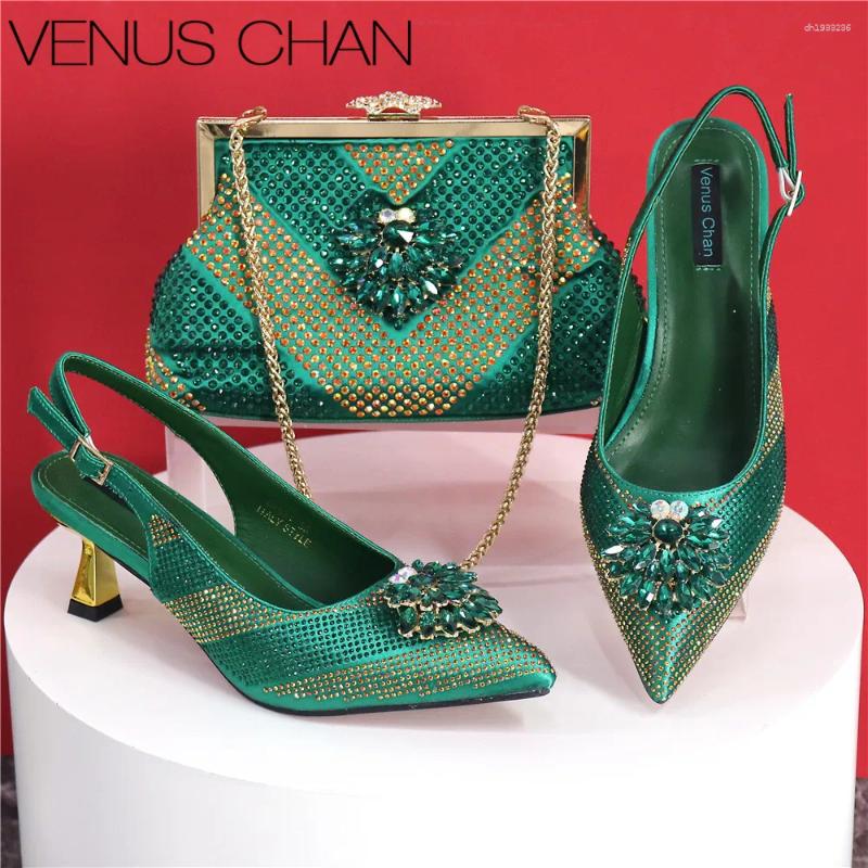 Dress Shoes 2025 Italian Design Rhinestone Luxury Green Colour Pointed Toe Shoe & Bag Set Women's High Heels For Parties Quality