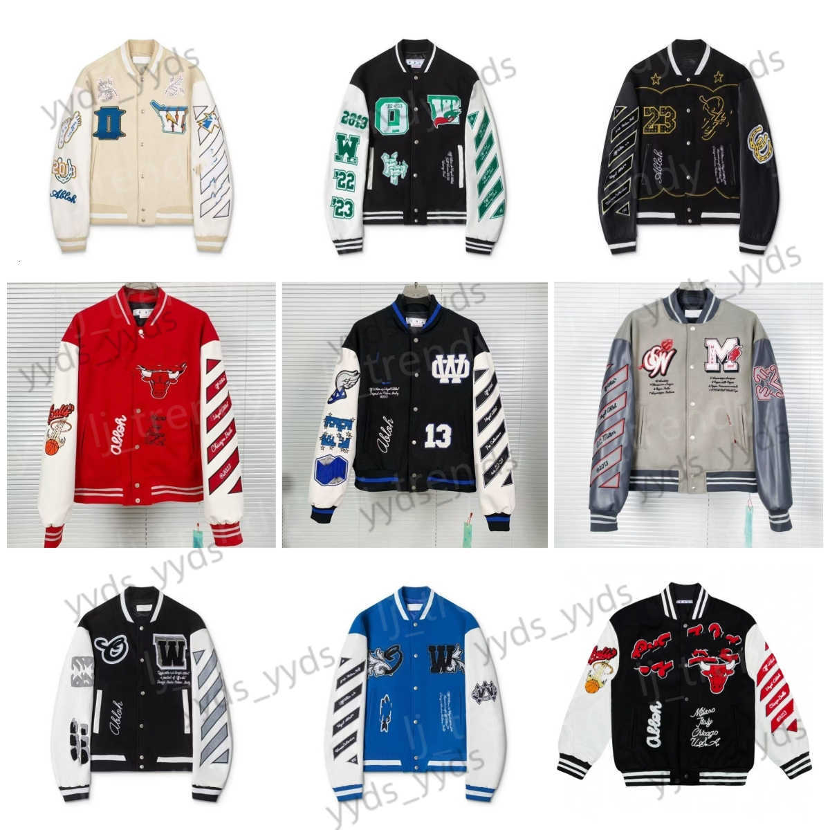 Offs mens White Jacket Embroidered Heavy Industry Letter Wool Spliced Leather Slve mens womens varsity Vintage Wind Hip Hop Loose Long Baseball Oute