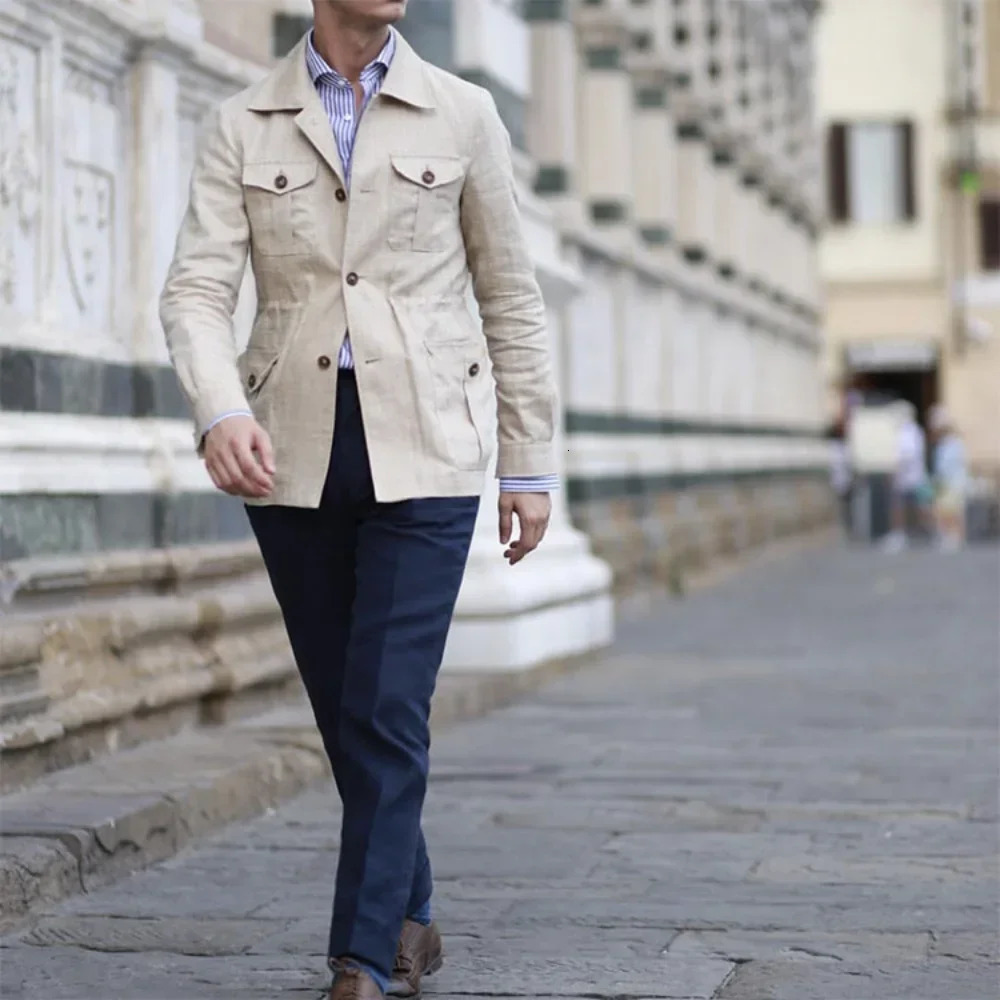Mens Coats Safari Jacket Linen British Retro Gentry Suit Pockets Outerwear Fashion Solid Color Male Tops Ropa Hombre 250804