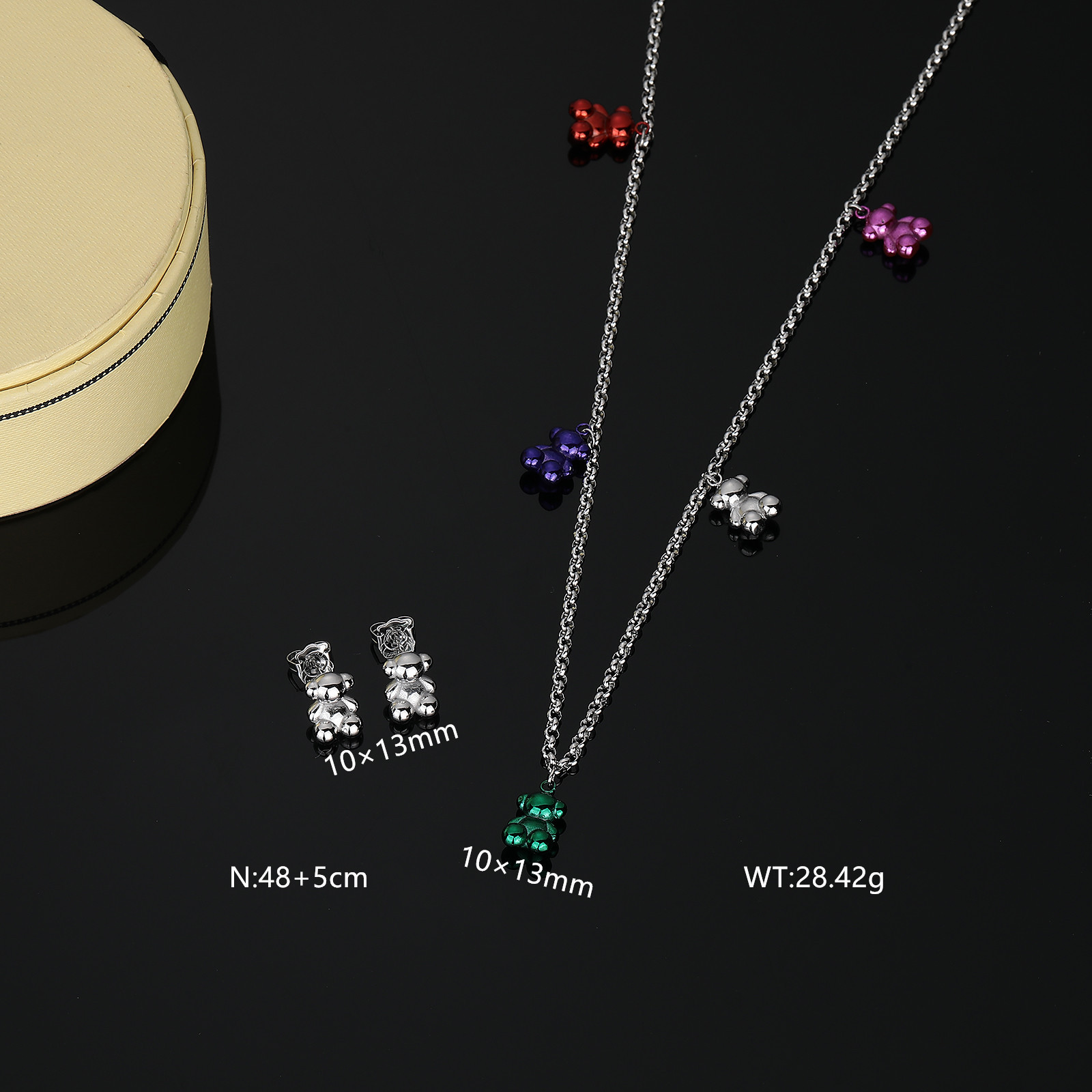New Arrival Fashion Women Men Silver Stainless Steel Copper Bear Cartoon White Zircon Pendant Necklace Earrings Sets Jewelry-image-1069874452