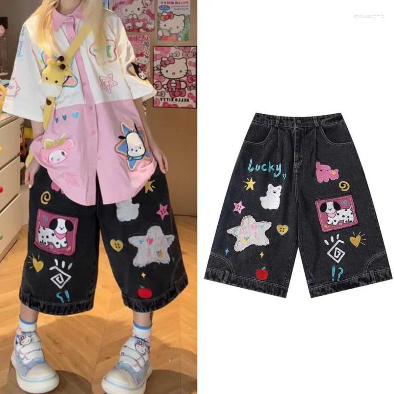 Women's Jeans Embroidery Cartoon Y2k Denim Shorts High Waist Streetwear Wide Leg Pant Button Oversize Harajuku Black Jean Women Clothes