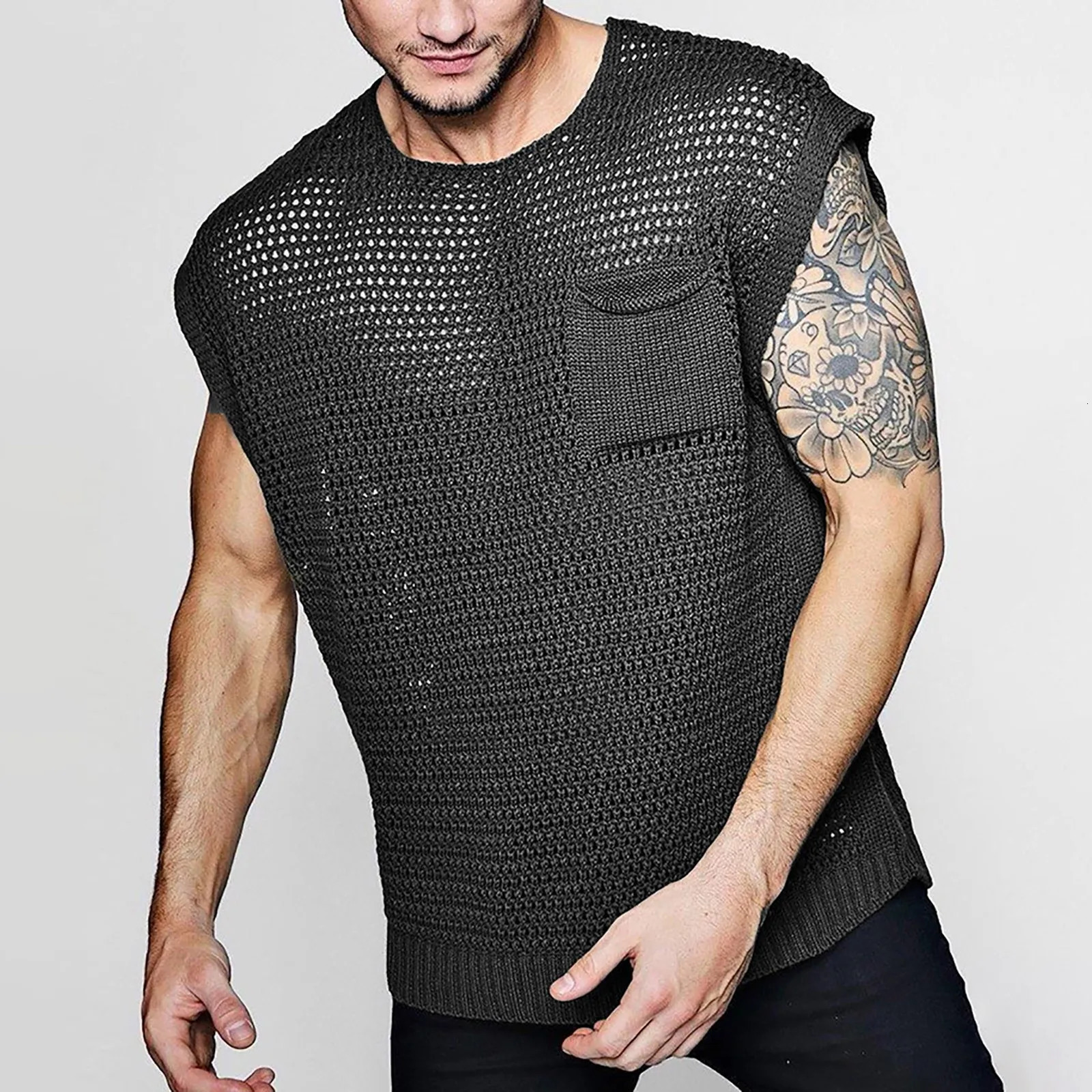 Sexy Tank Top Mesh Eyelet Fabric Solid Color Short Sleeve Vest Pullover Sweater For Men y250724