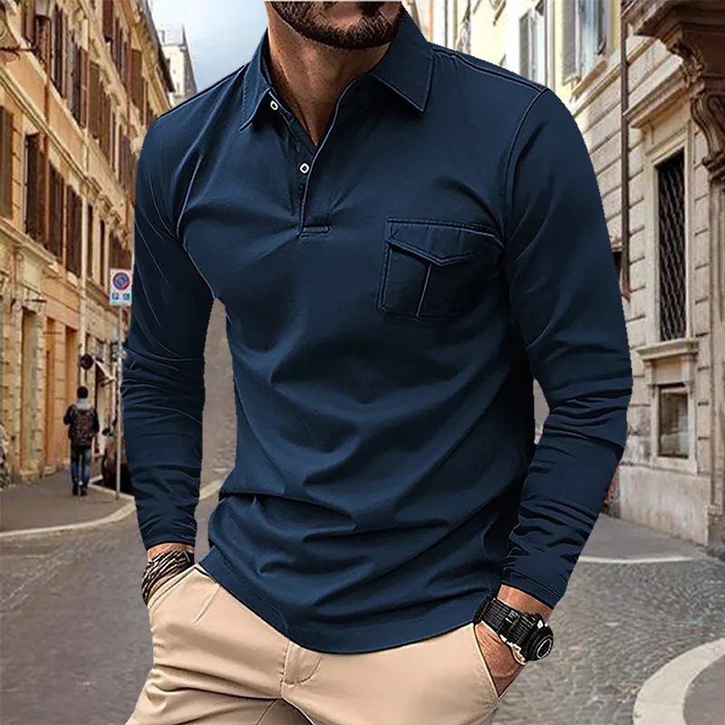 Spring and Autumn Mens Polo Shirt Lapel Pocket T-shirt Mens Business Casual Long sleeved European and American Plus Size 250804