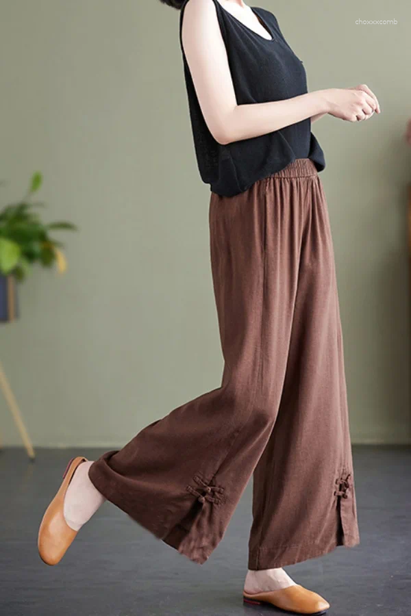 Women's Pants Retro Summer Button Cotton Linen Style Wide Leg Women High Waist Slimming Casual Loose Straight Tube Nine-Minute