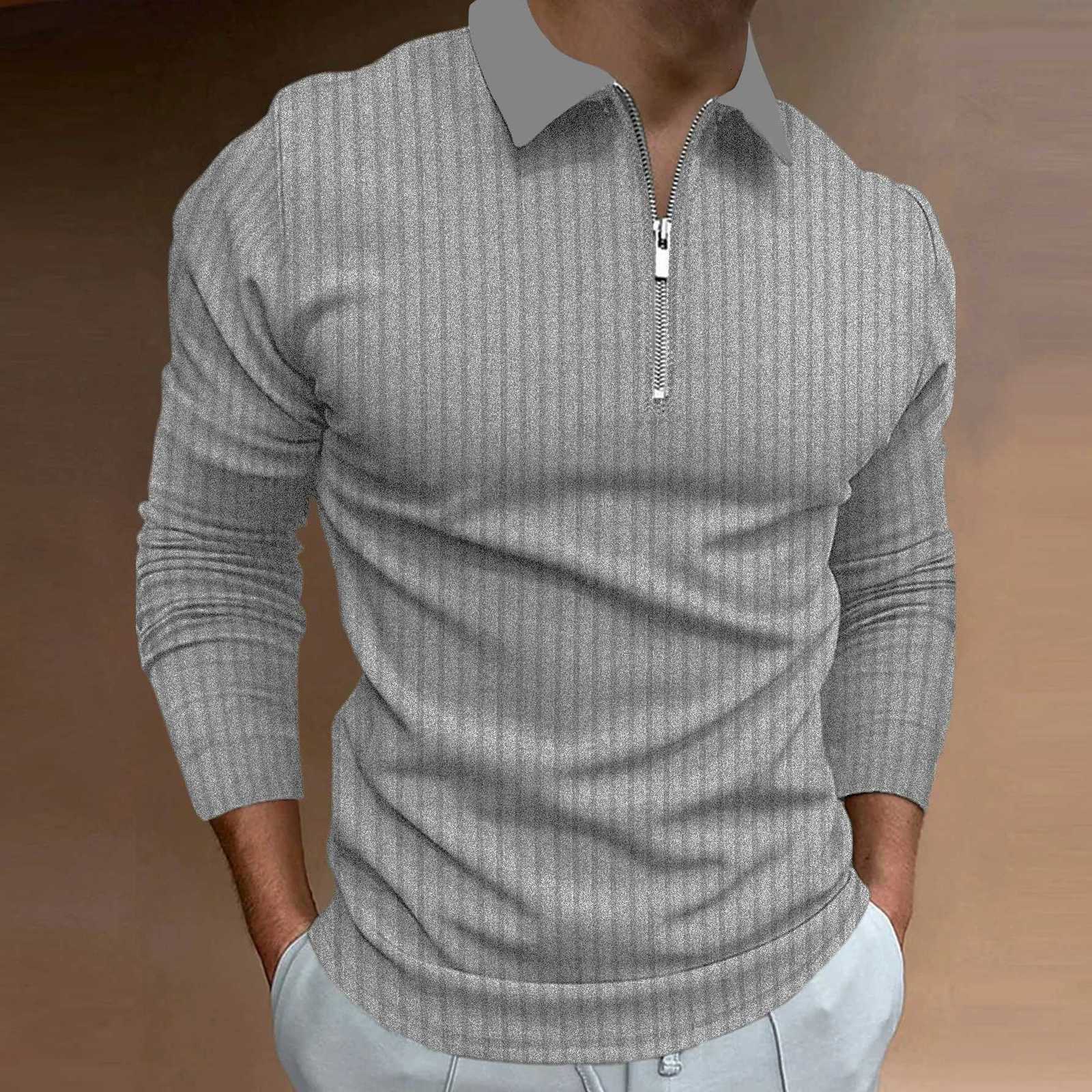Mens Autumn Sports Fitness Casual Collar Stretch Vertical Stripe Long Sleeve Zipper Polo Shirt XJ250805