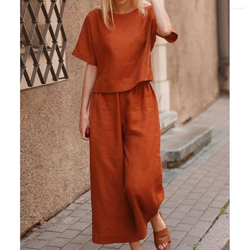 Women's Two Piece Pants Casual Loose Round Neck Top And Wide Leg Two-piece Set 2025 Summer Solid Color Short Sleeved Blouse Trouser Outfit
