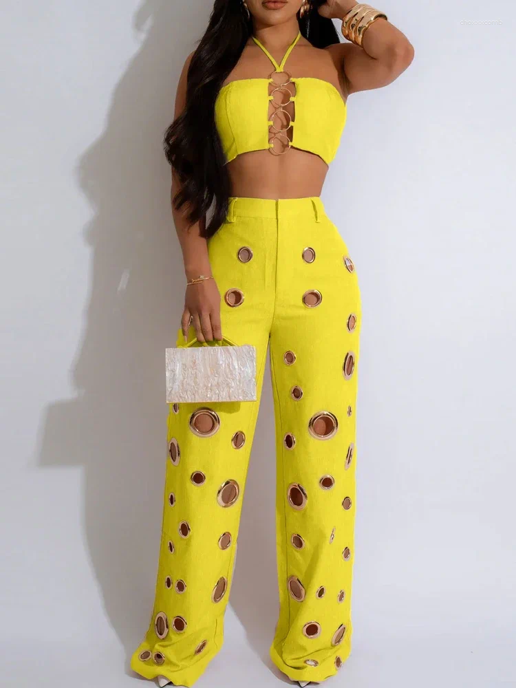 Women's Two Piece Pants Sexy Hole Sequined Woman Sets 2025 Fashion Summer Halter Cropped Top And Wide Leg Trousers Ladies Club Outfits