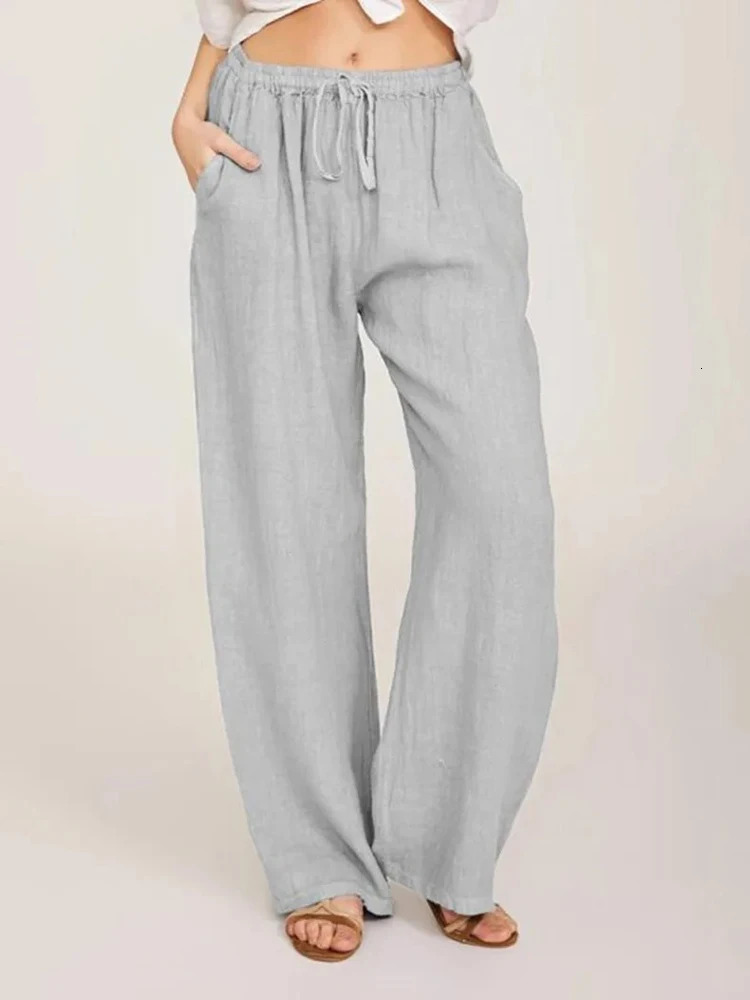 Summer and Autumn Women Cotton Linen Pants Solid Casual Elastic Waist Pockets Wide Leg Trousers Fashion Ladies Straight Pants250804