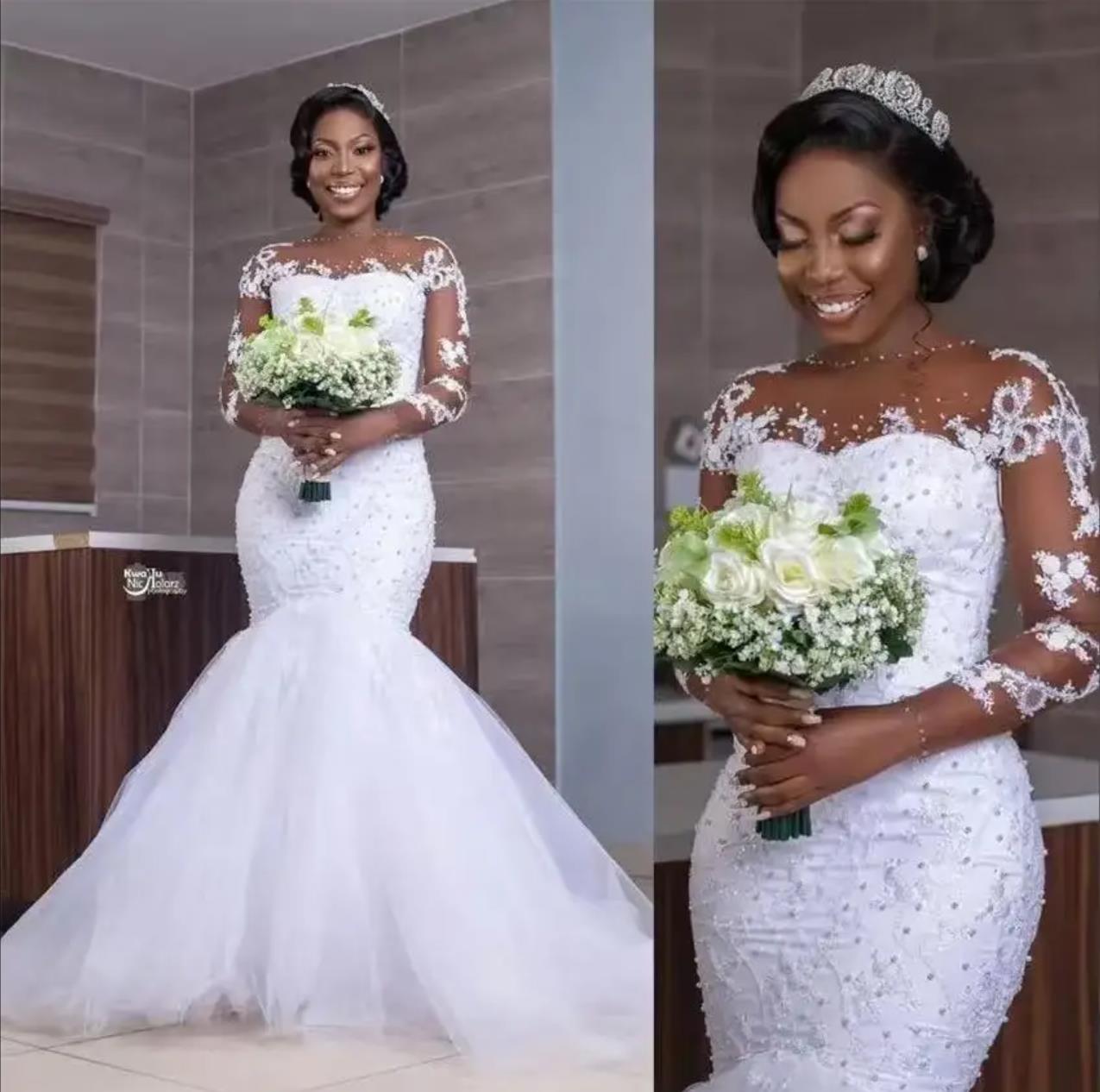 Customized African Luxury Beading Mermaid Wedding Dresses bateau sheer illusion Long Sleeves Appliques Pearls Wedding Gowns Black Bride Vestido de n