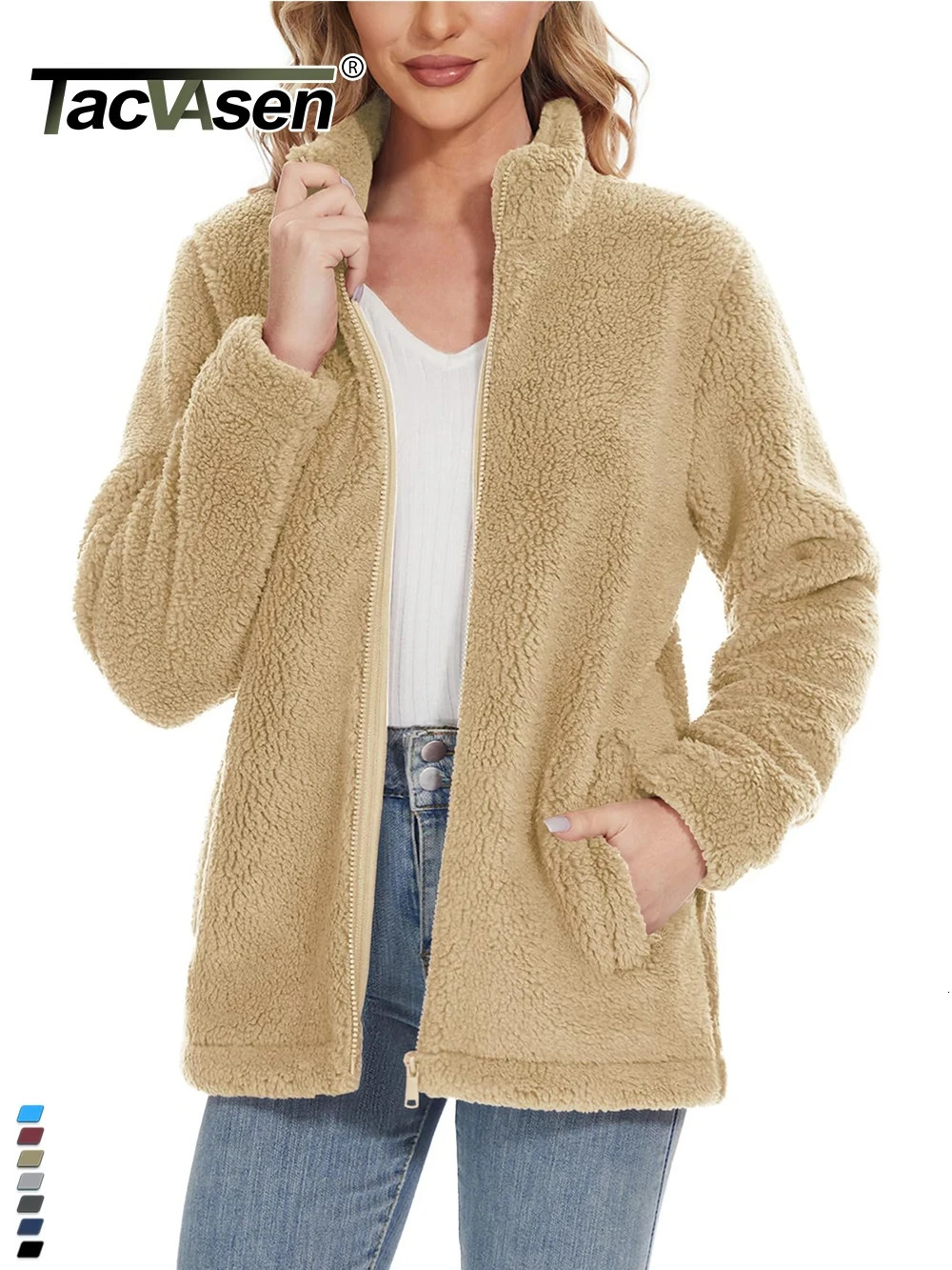 TACVASEN Full Zip Up Fluffy Sherpa Fleece Jackets Womens Winter Thermal Warm Fuzzy Zipper Pocket Coats Streetwear Outwear Female 250801