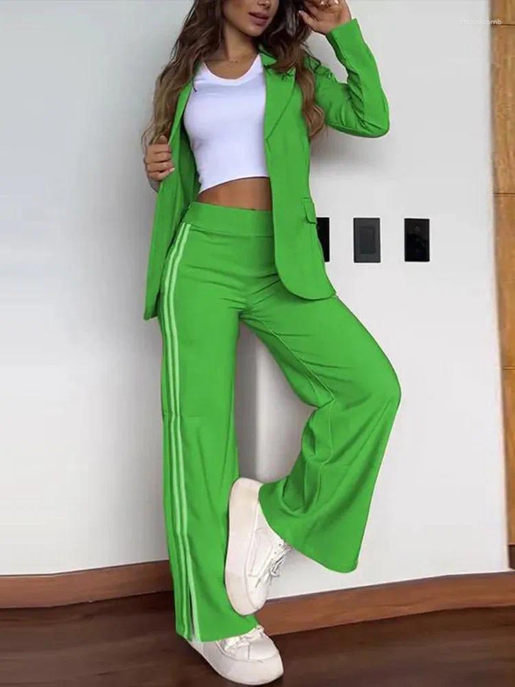 Women's Two Piece Pants Casual 2 Pieces Sets Women Loose Laple Striped Long Sleeve Short Blazer Straight Female Suit 2025 Autumn Lady