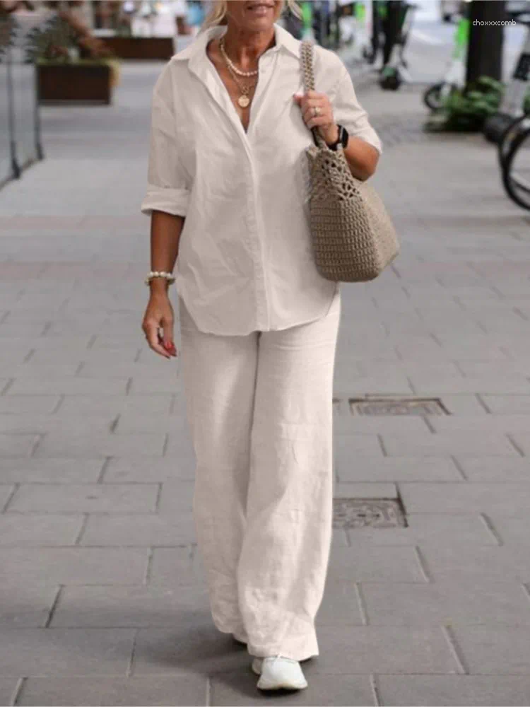 Women's Two Piece Pants Simple Commuting Suit Lapel Long-sleeved Shirt Spring And Summer Casual Solid Color Wide-leg Two-piece Set