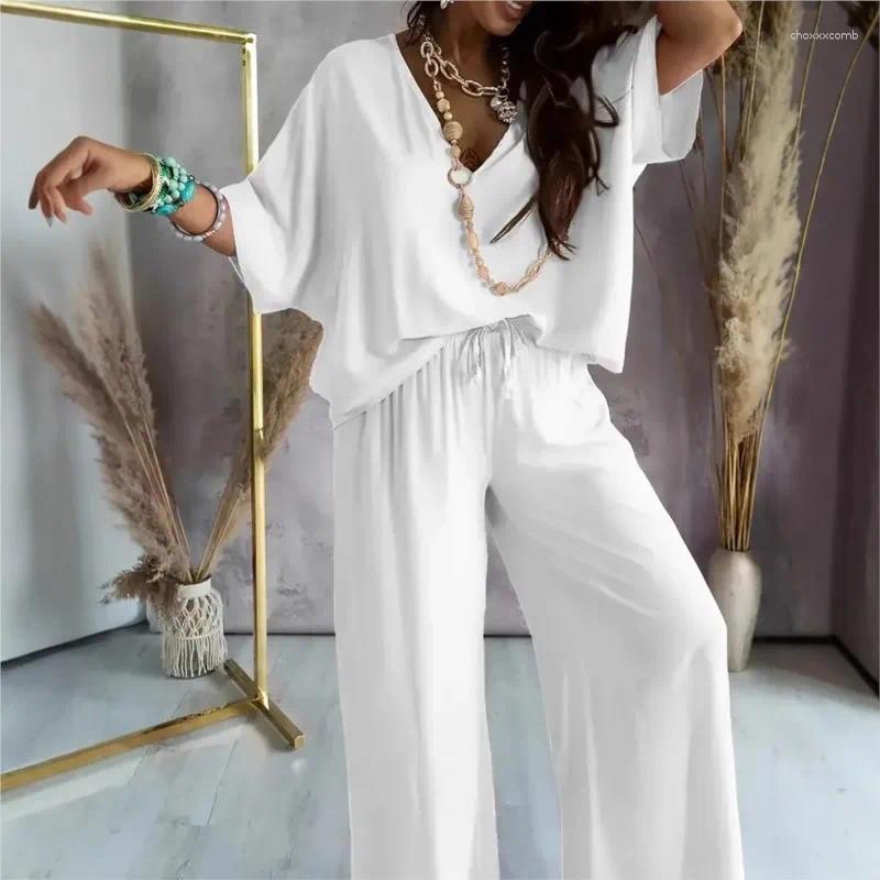 Women's Two Piece Pants 2025 Spring/Summer V-neck Bat Sleeve Top With Tie-dyed Casual Two-piece S
