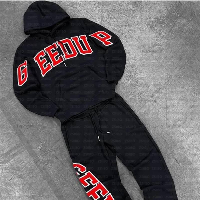 Hiphop Trendy Streetwear Mens Suit Twopiece Set High Street Y2K Casual Tracksuit Goth Harajuku Retro Letter Hoodie y250724