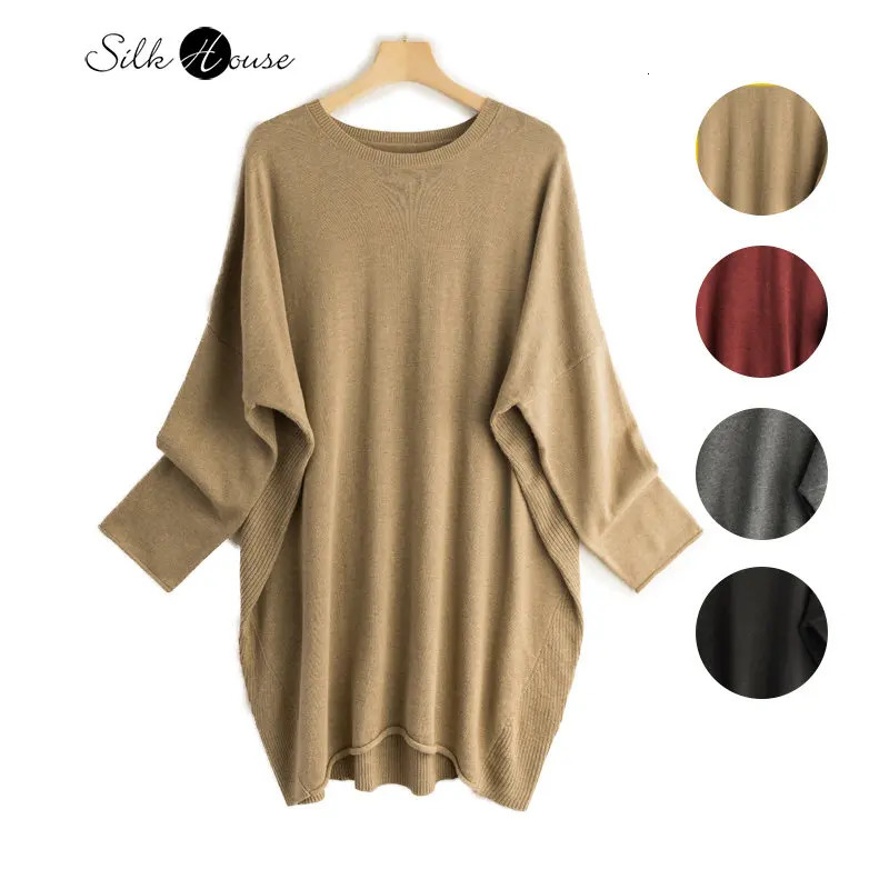 Silk Cashmere Sweater Womens Mulberry Silk Round Neck Solid Color Bottomed Shirt Top Medium Long Batwing Sleeve Loose Sweater 250801