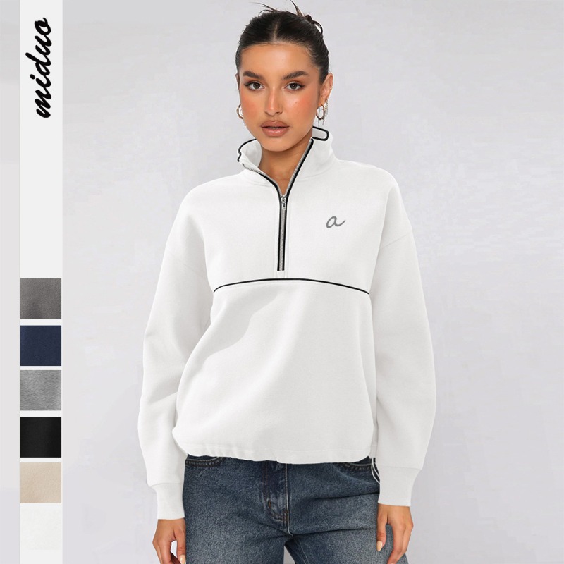 A0445 Half Zipper Sweater Women's Autumn Jumper Sportswear Contrasting Colors Long-sleeved Jacket Coat Wholesale
