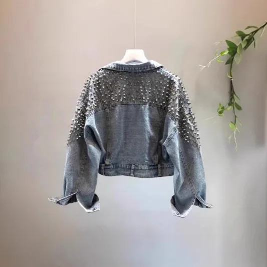 Autumn Women Rivets Denim Jacket Diamonds Beaded Short Washed Jeans Coat Long Lantern Sleeve Double Pockets Cowboy Cardigan Tops 250804