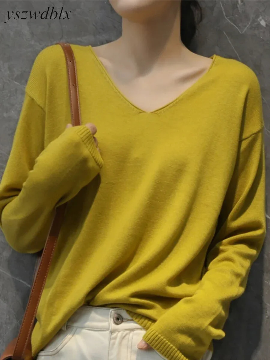 YSZWDBLX Womens Pullovers Sweater Solid Bottoming Shirt V-neck Knitwear Spring Autumn Basic Korean Sweater Jumpers 250801