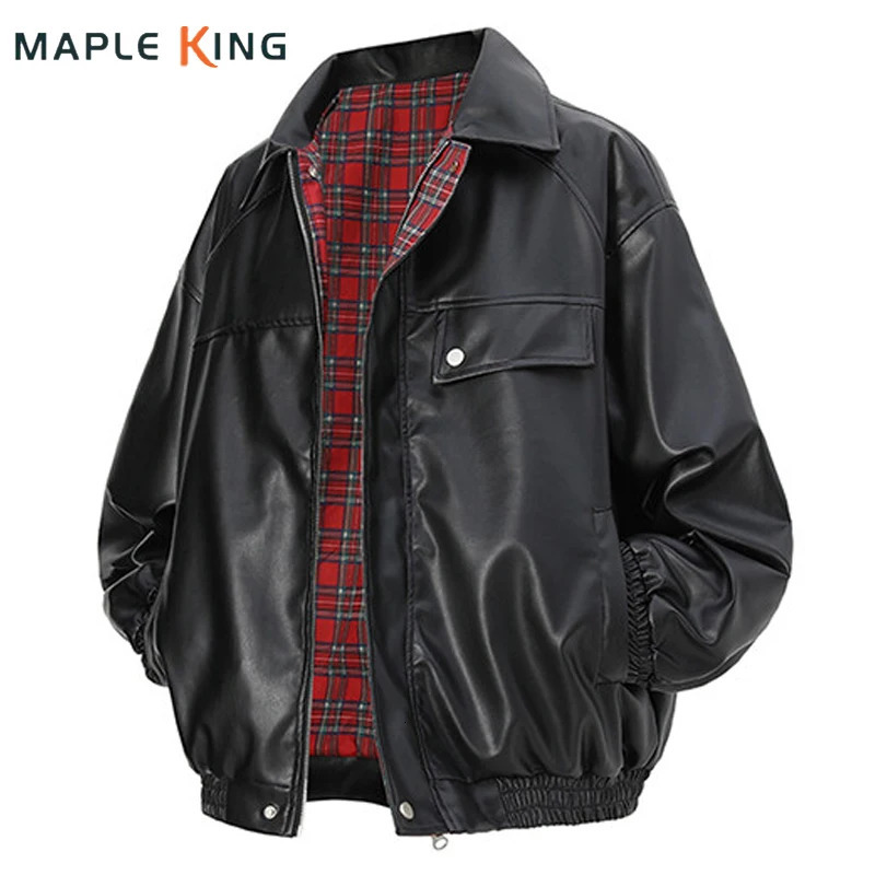 High Street Double Sided Jacket Men Reversible PU Leather Motorcycle Oversized Coats Couple Patchwork Plaid Veste Vintage Homme 250804