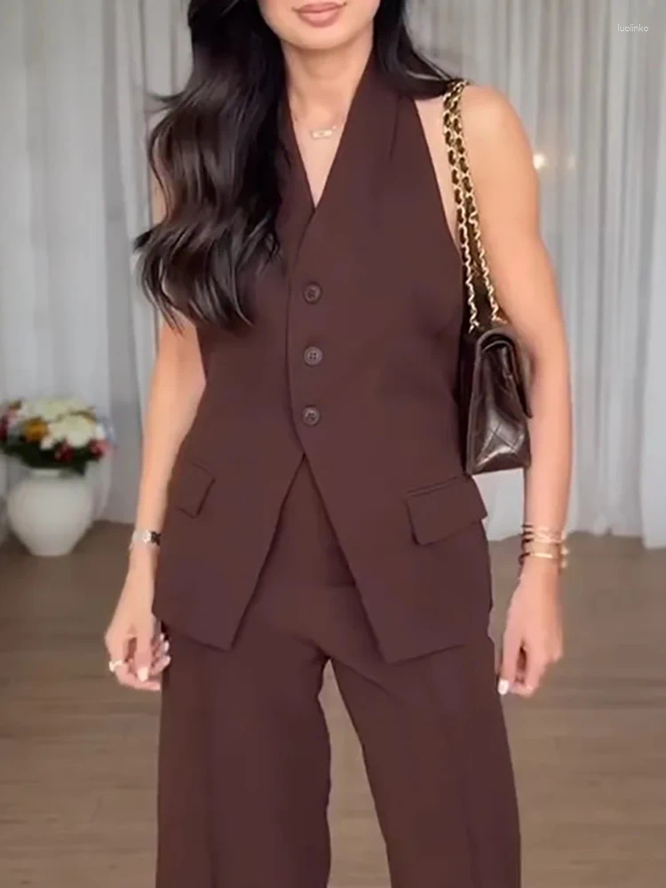 Women's Two Piece Pants Summer Minimalist Commuting Slim Suit Casual Hollow Out Sleeveless Solid Color Outfit Sexy V Neck Button Top And