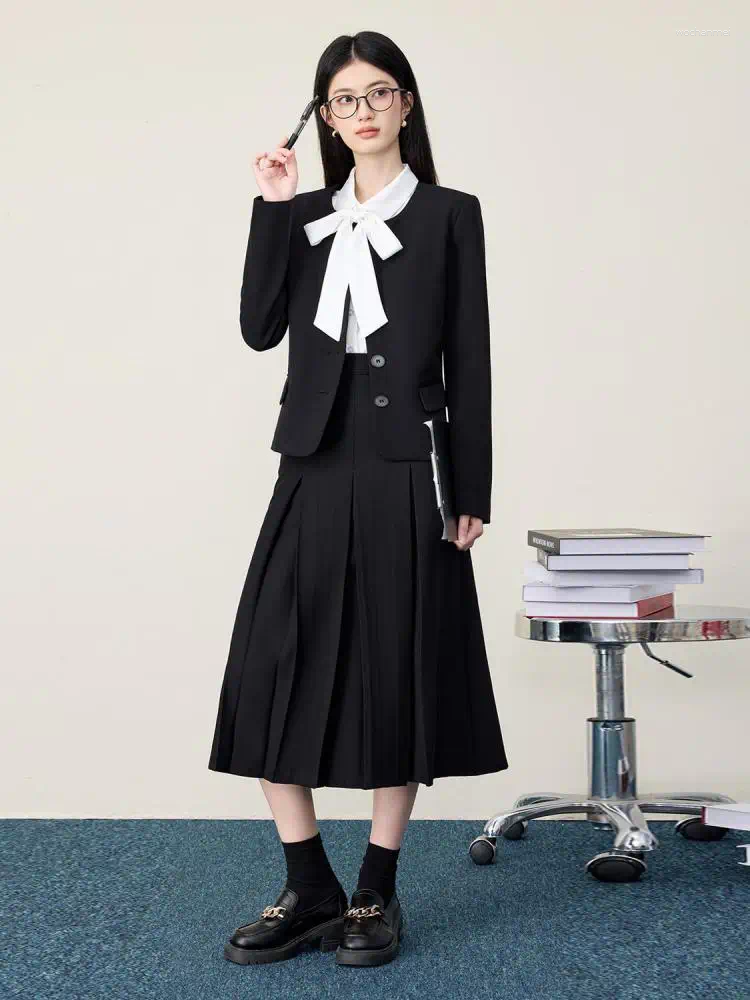 Two Piece Dress Autumn Women's Black Grey Single Breasted Elegant Long Sleeved Blazer Tops And High Waist Pleated Skirt Temperment Two-piece