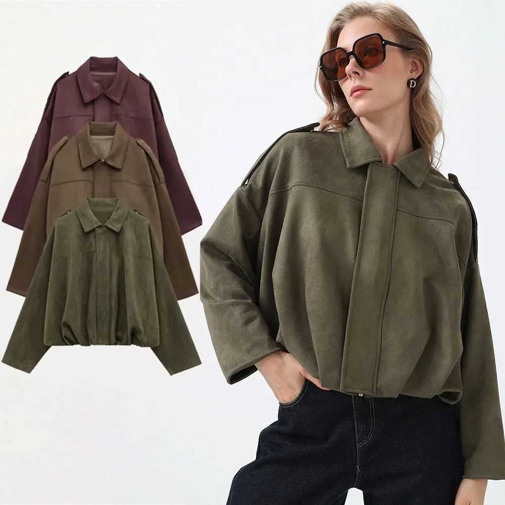 TRAFZA Womens Bomber Jackets Suede Coat Fashion Turn-down Collar Long Sleeve Loose Coats Vintage Female Outerwear Chic Tops Z250804