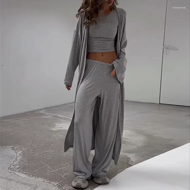 Women's Two Piece Pants Clothing 2025 Autumn Solid Color Loose Cardigan Jacket Short-sleeved T-shirt Wide-leg Trousers Suit Club Vestid