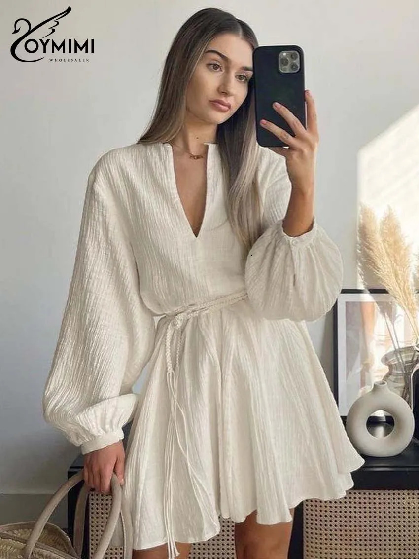 Oymimi Elegant Beige Cotton Womens Dresses Fashion V-Neck Long Sleeve Lace-Up Dresses Casual Loose Pleated Mini Dress Streetwear 250801