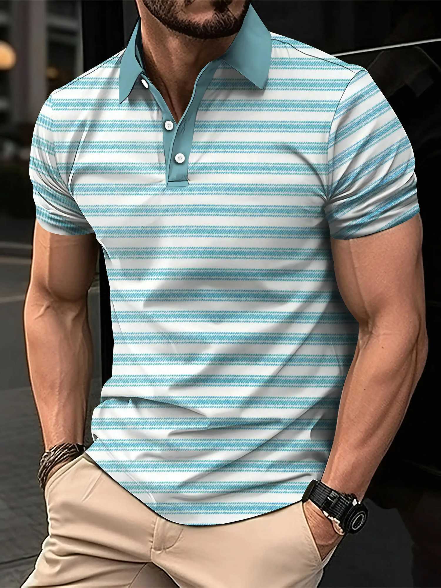 Golf Shirt Mens Polo Shirts Summer Short Sleeve Stand-up Collar Tops Men Button Striped Polo Tees Boys Slim High Street Wear W250805