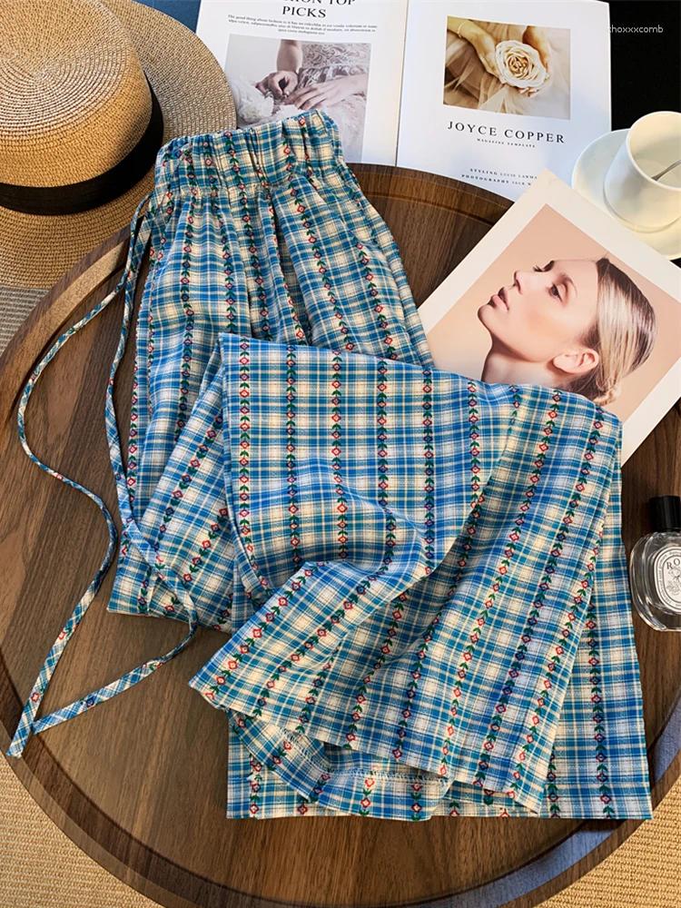 Women's Pants Zoki Floral Sweet Plaid Pant Women Vintage Loose High Waist Casual Straight Trousers Summer Retro Korean Female Wide Leg
