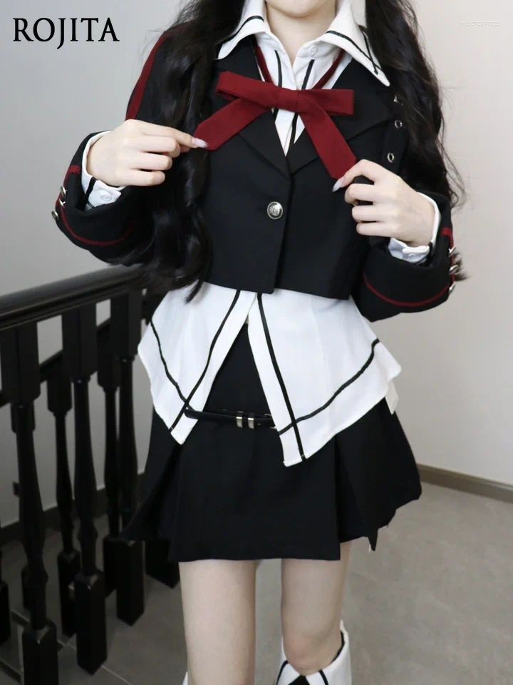 Two Piece Dress Subculture Loose Balck Hooded Jacket Women Autumn Short Blazer White Long Sleeve High Waist Shirt Half Skirt Sets